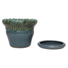 Vintage Green and Blue Incised Ceramic Planter with Saucer by Deanna Nichols