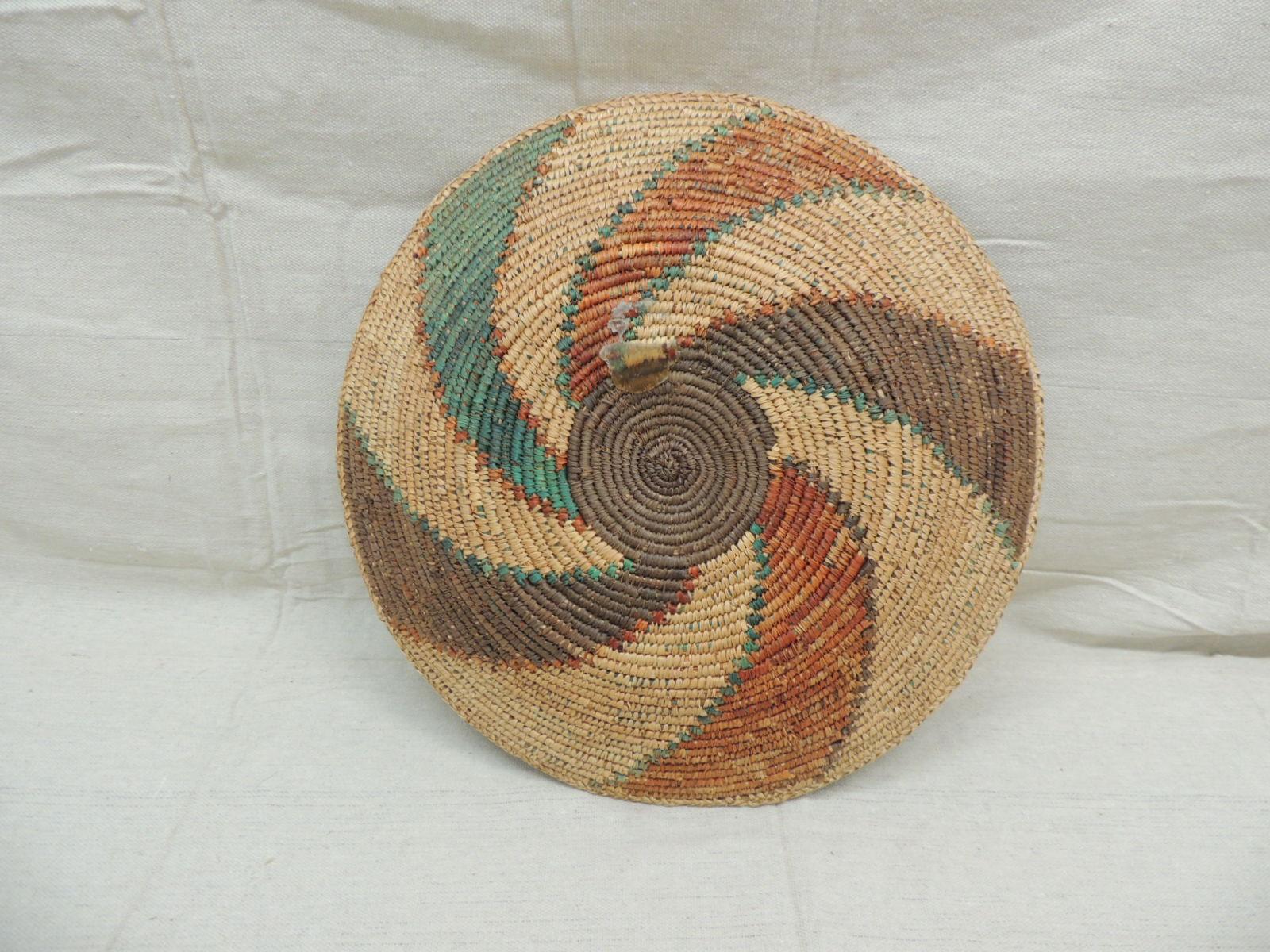 African Vintage Green and Brown Coiled Decorative Round Basket