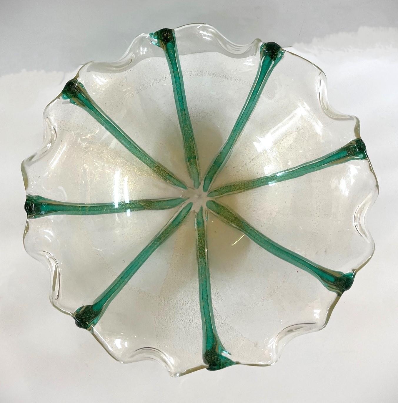 Vintage Green and Clear Murano Glass Bowl For Sale 6