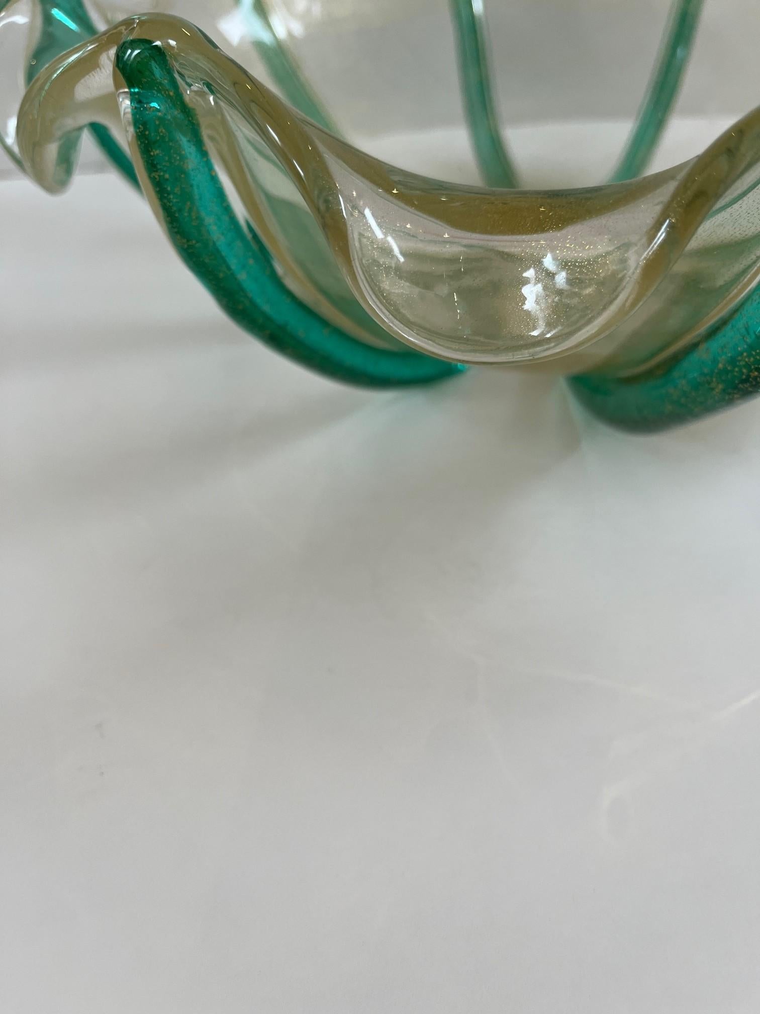 Italian Vintage Green and Clear Murano Glass Bowl For Sale