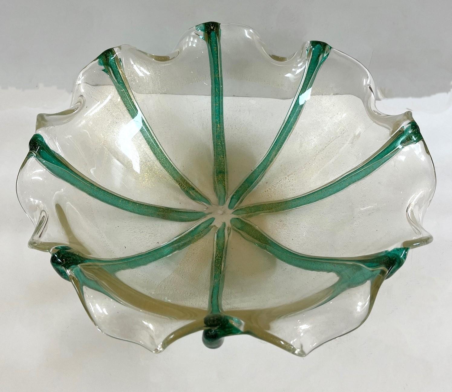 Vintage Green and Clear Murano Glass Bowl In Good Condition For Sale In Los Angeles, CA
