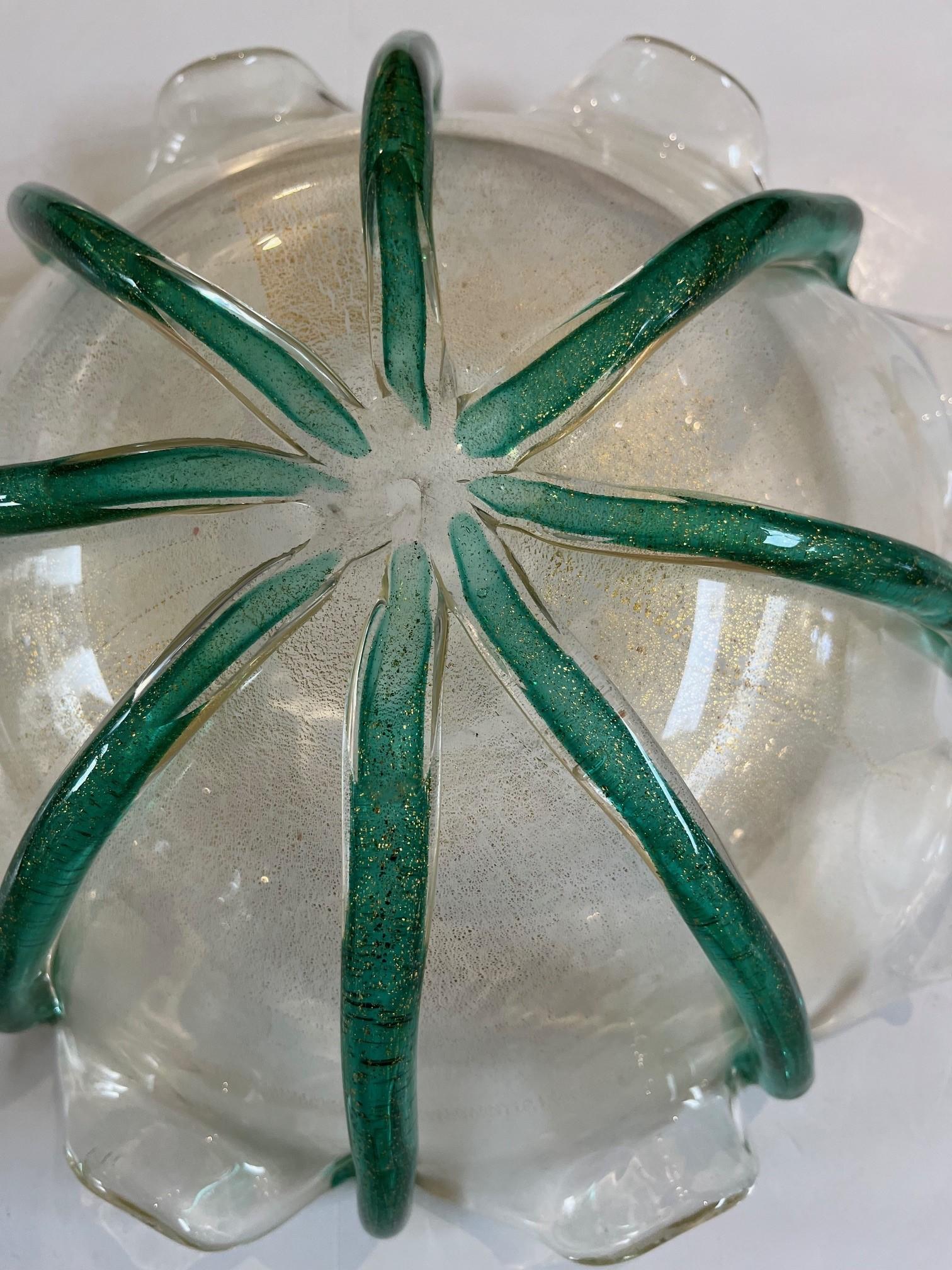 Mid-20th Century Vintage Green and Clear Murano Glass Bowl For Sale