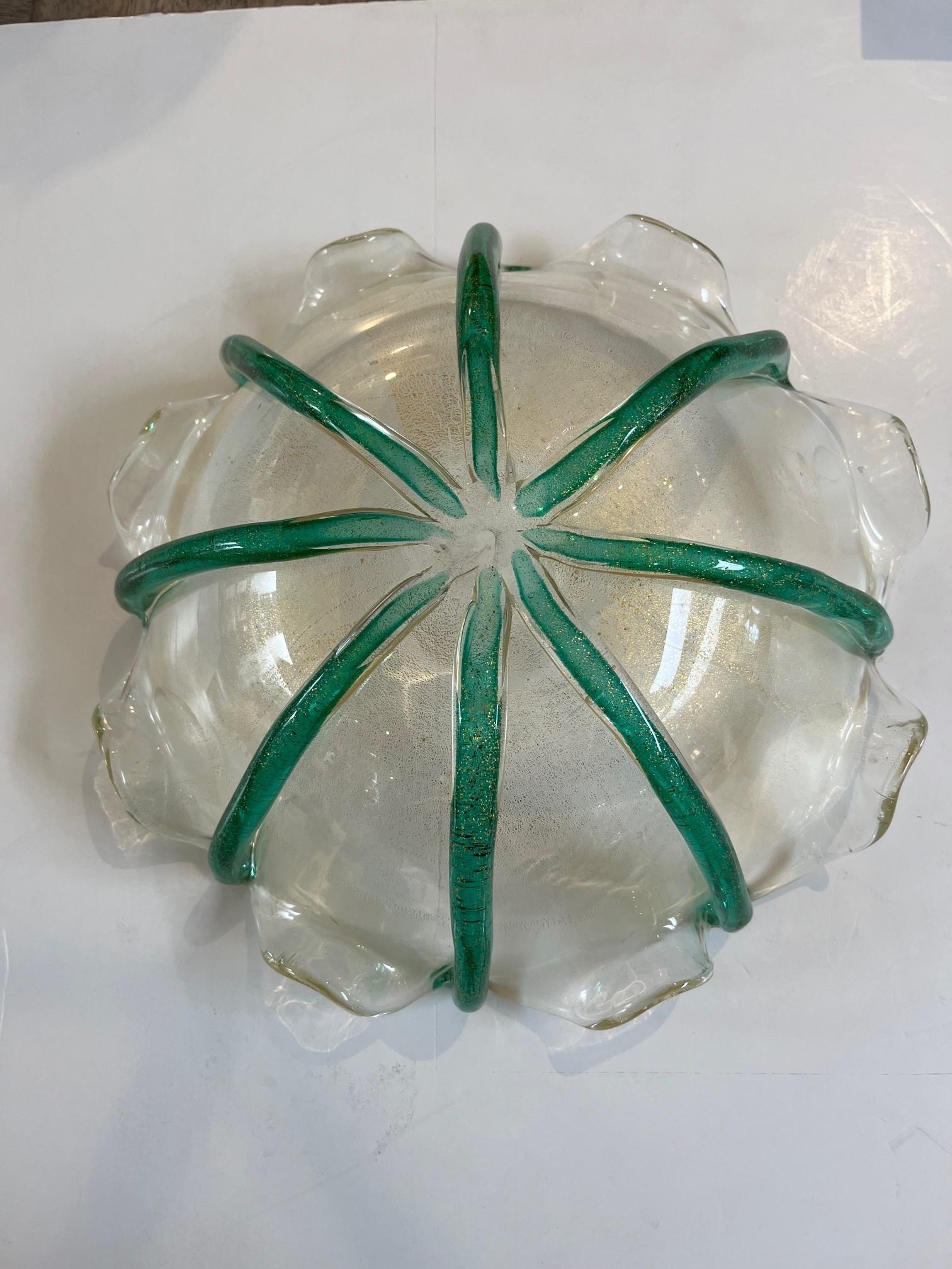 Vintage Green and Clear Murano Glass Bowl For Sale 1