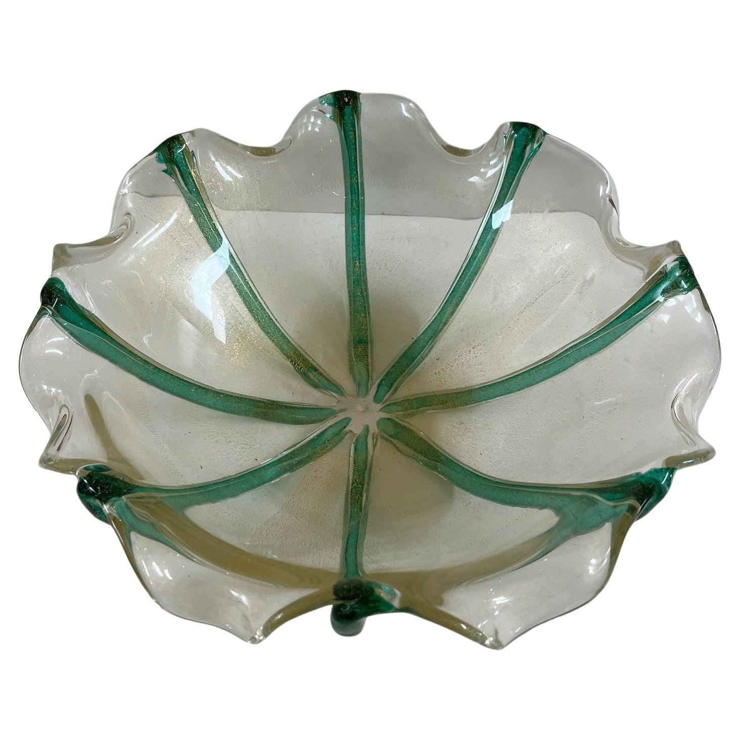 Vintage Green and Clear Murano Glass Bowl For Sale