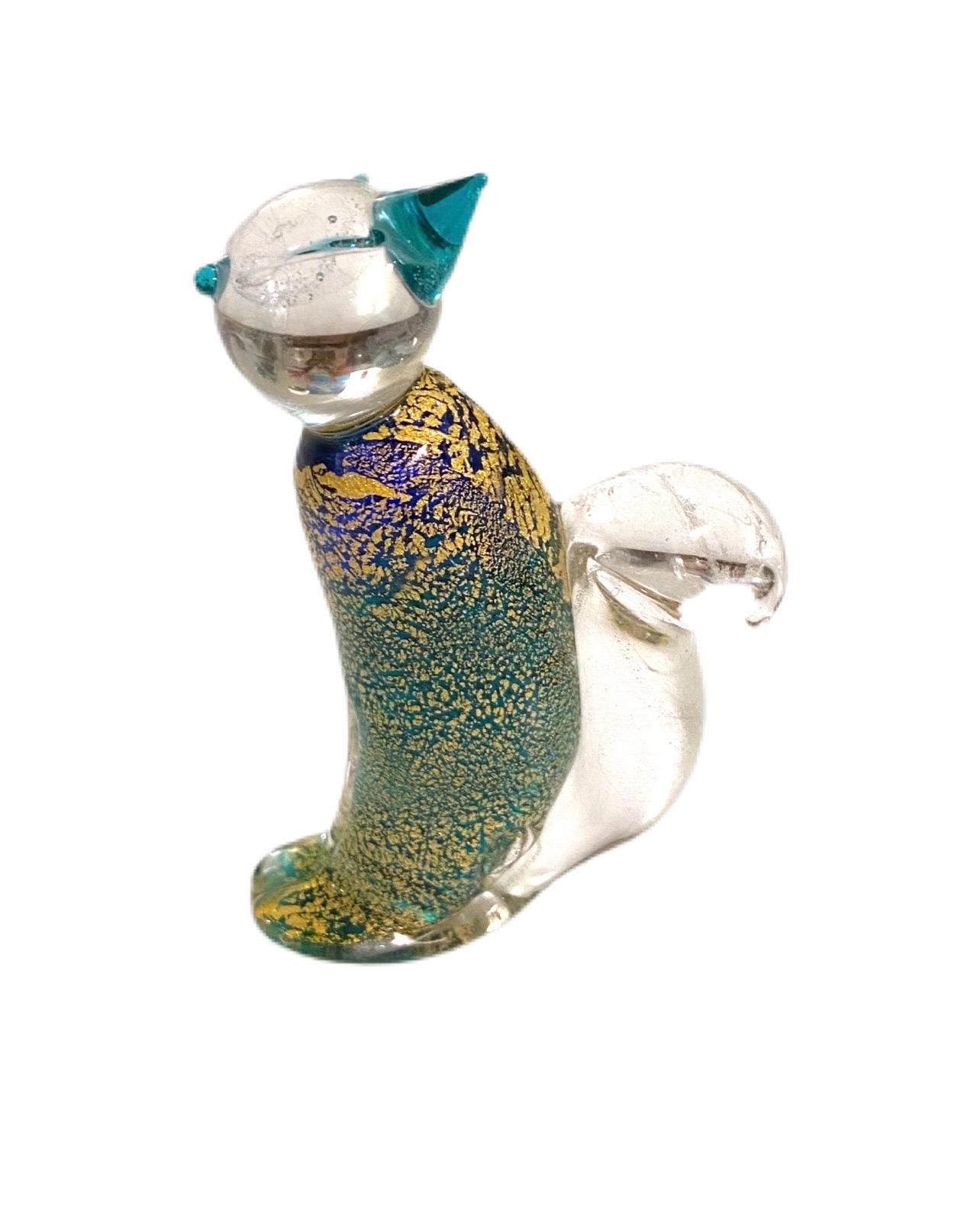Vintage Green and Gold Murano Art Glass Cat For Sale 1