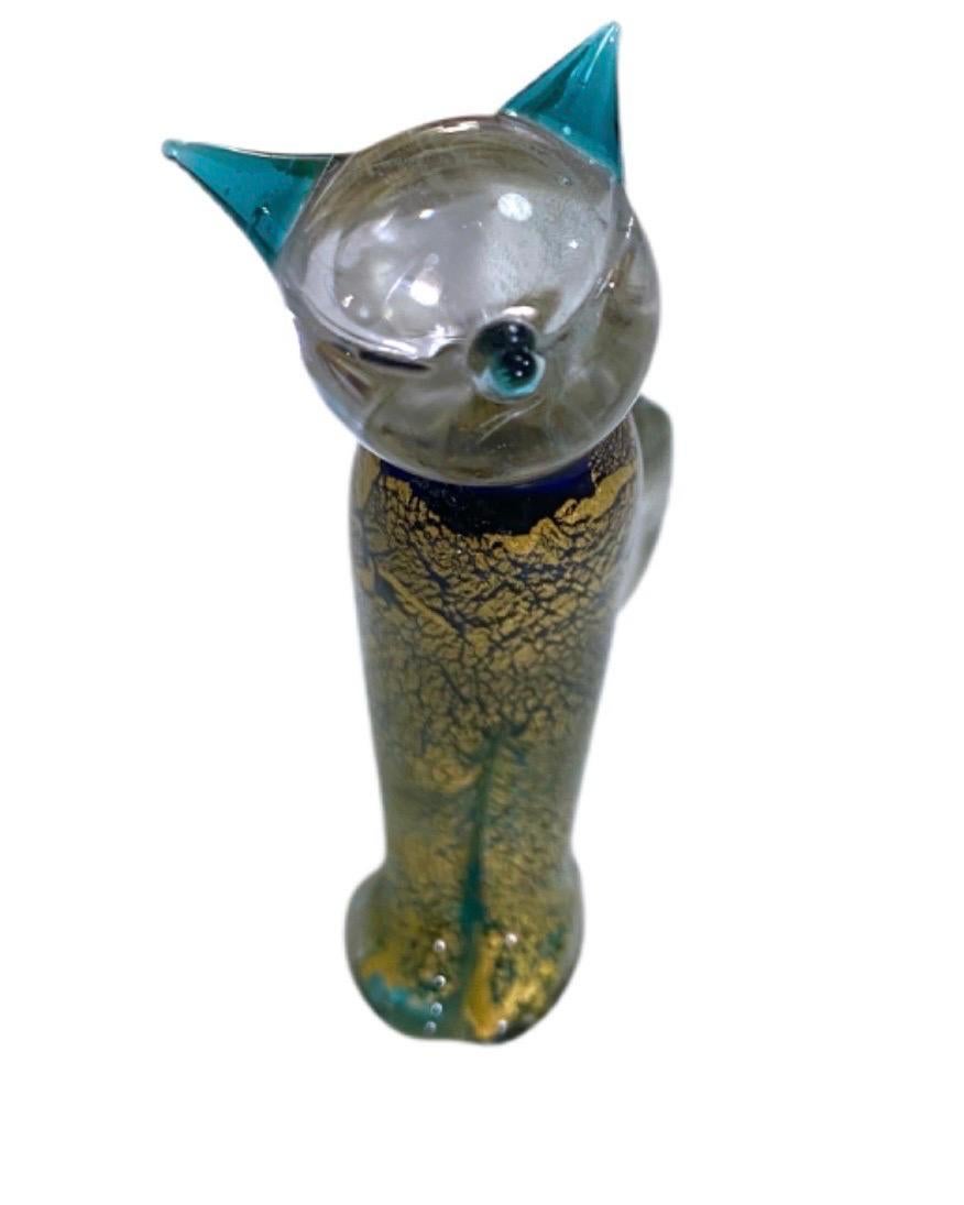 Mid-Century Modern Vintage Green and Gold Murano Art Glass Cat For Sale
