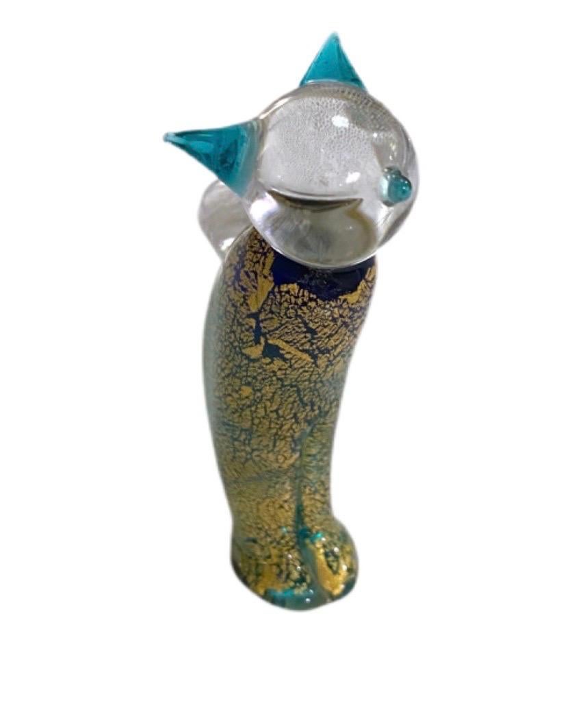 Italian Vintage Green and Gold Murano Art Glass Cat For Sale