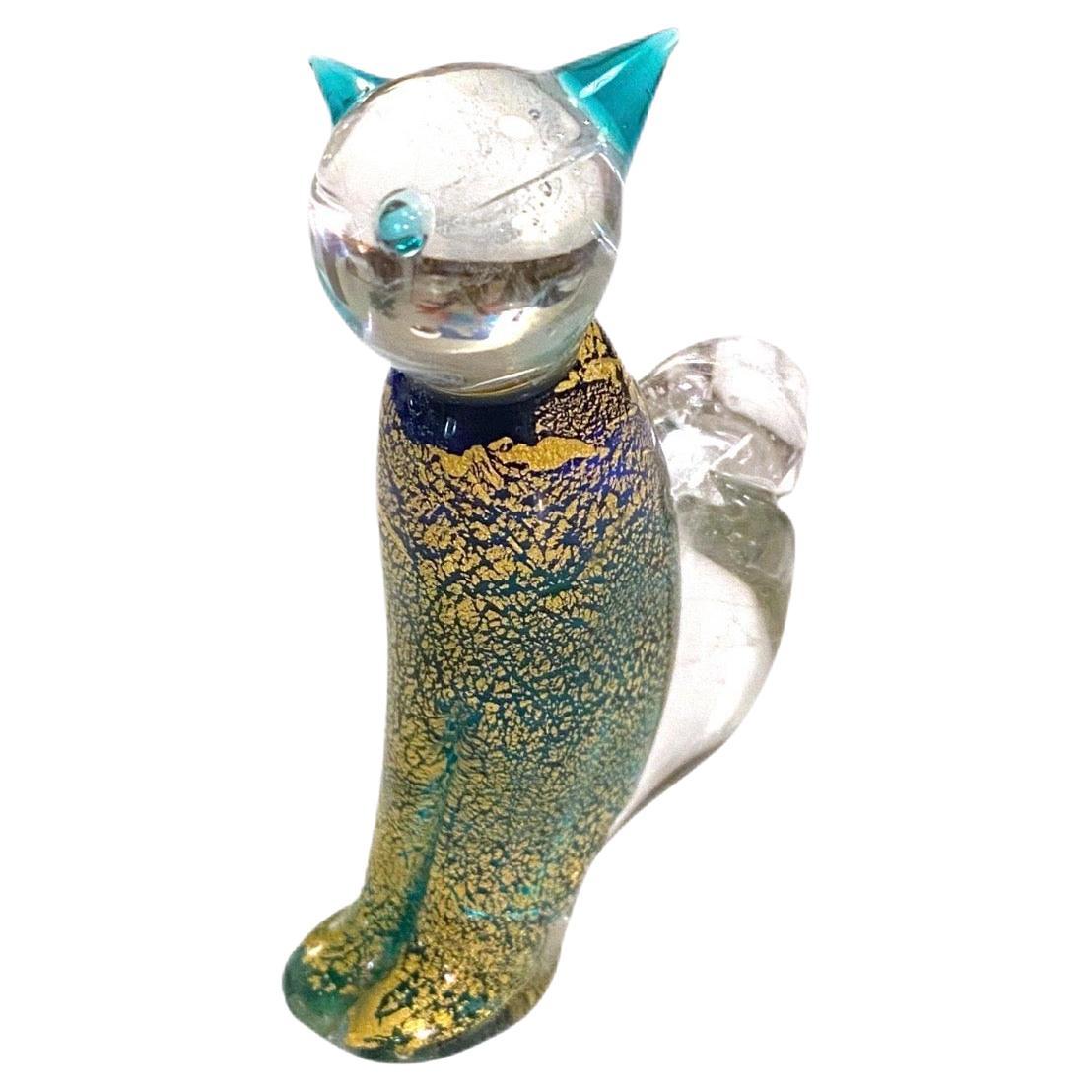 Vintage Green and Gold Murano Art Glass Cat For Sale