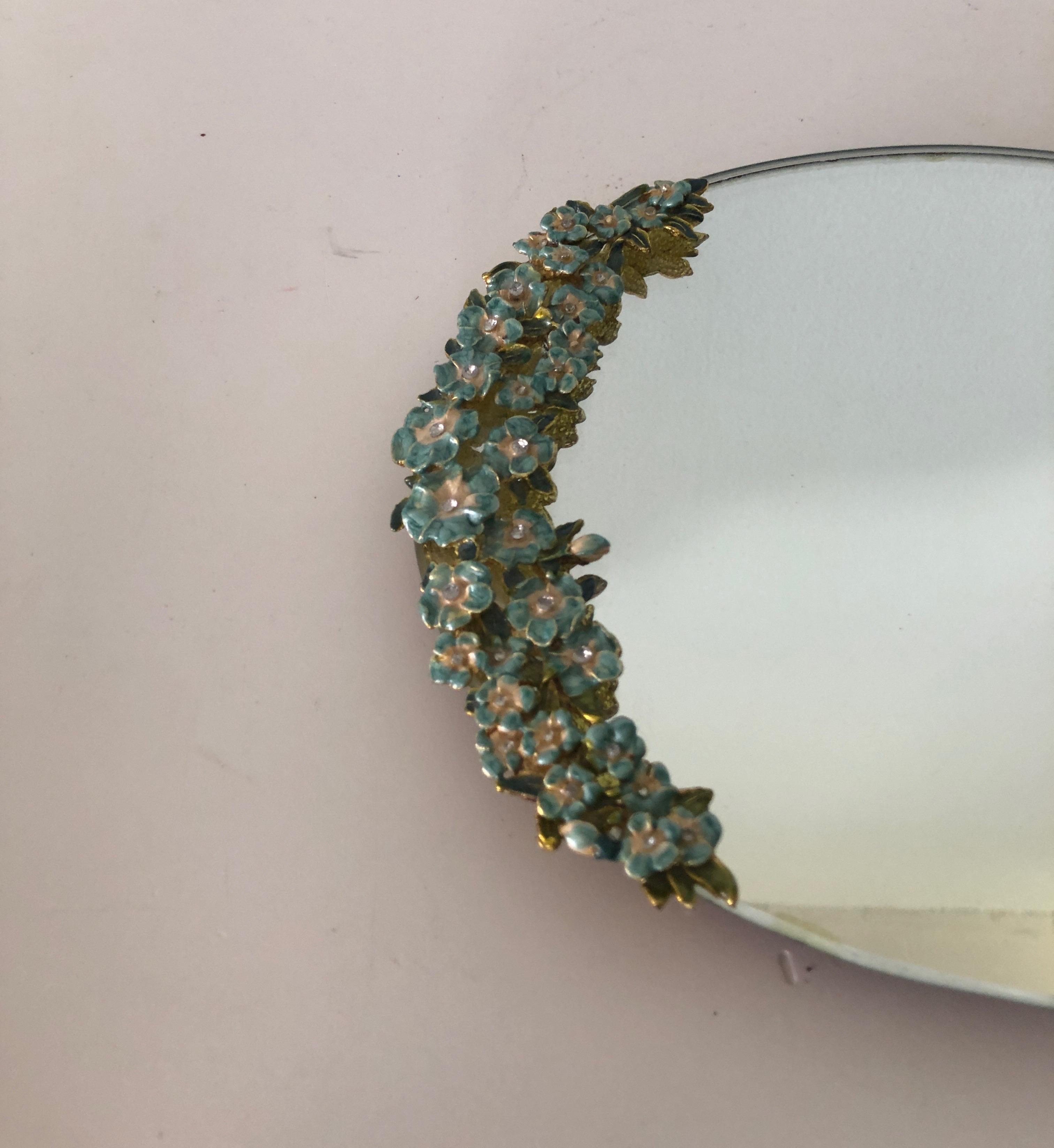 Bohemian Vintage Green and Gold Oval Vanity Tray with Enamel Flowers Handles