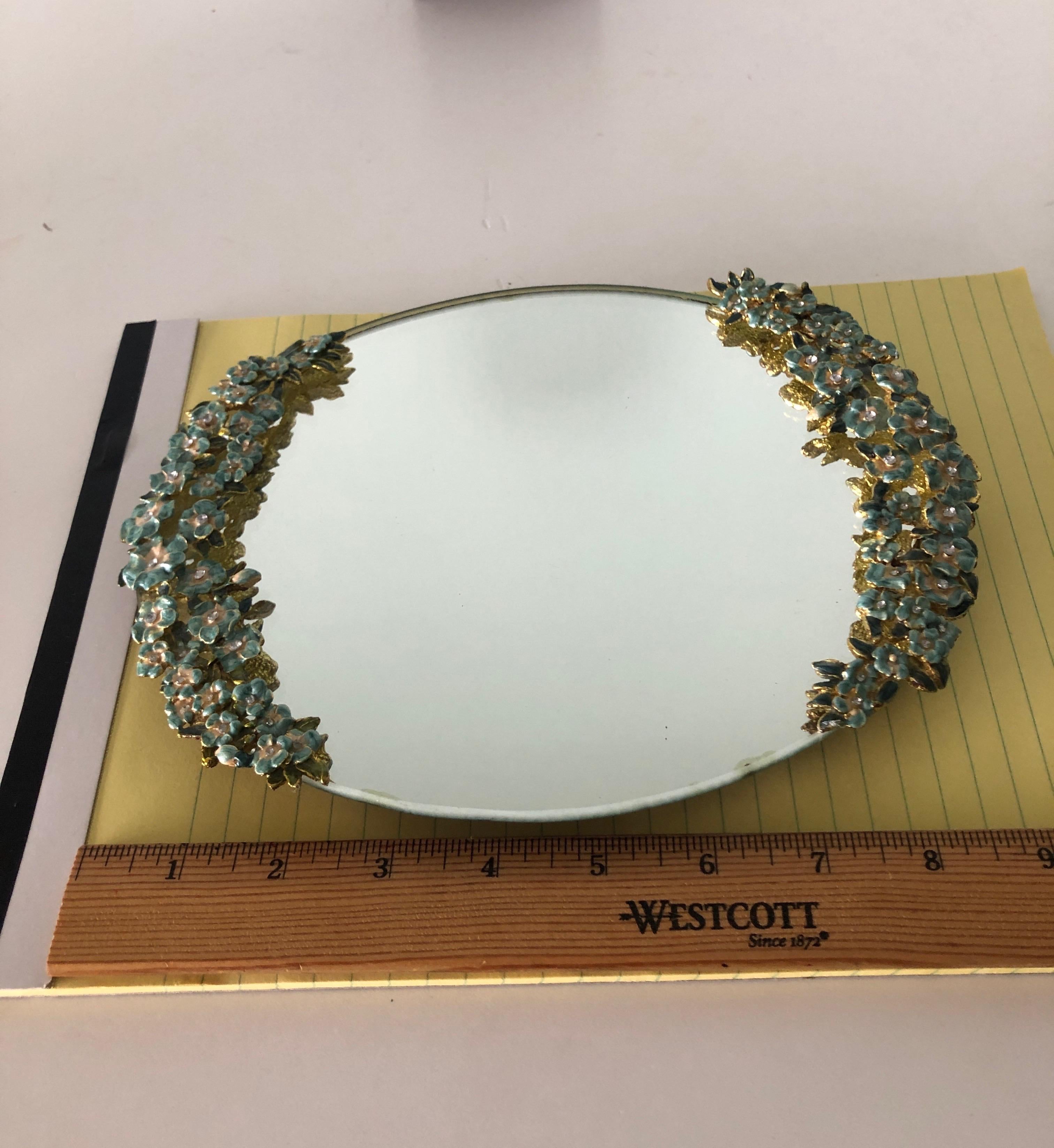 Hand-Crafted Vintage Green and Gold Oval Vanity Tray with Enamel Flowers Handles