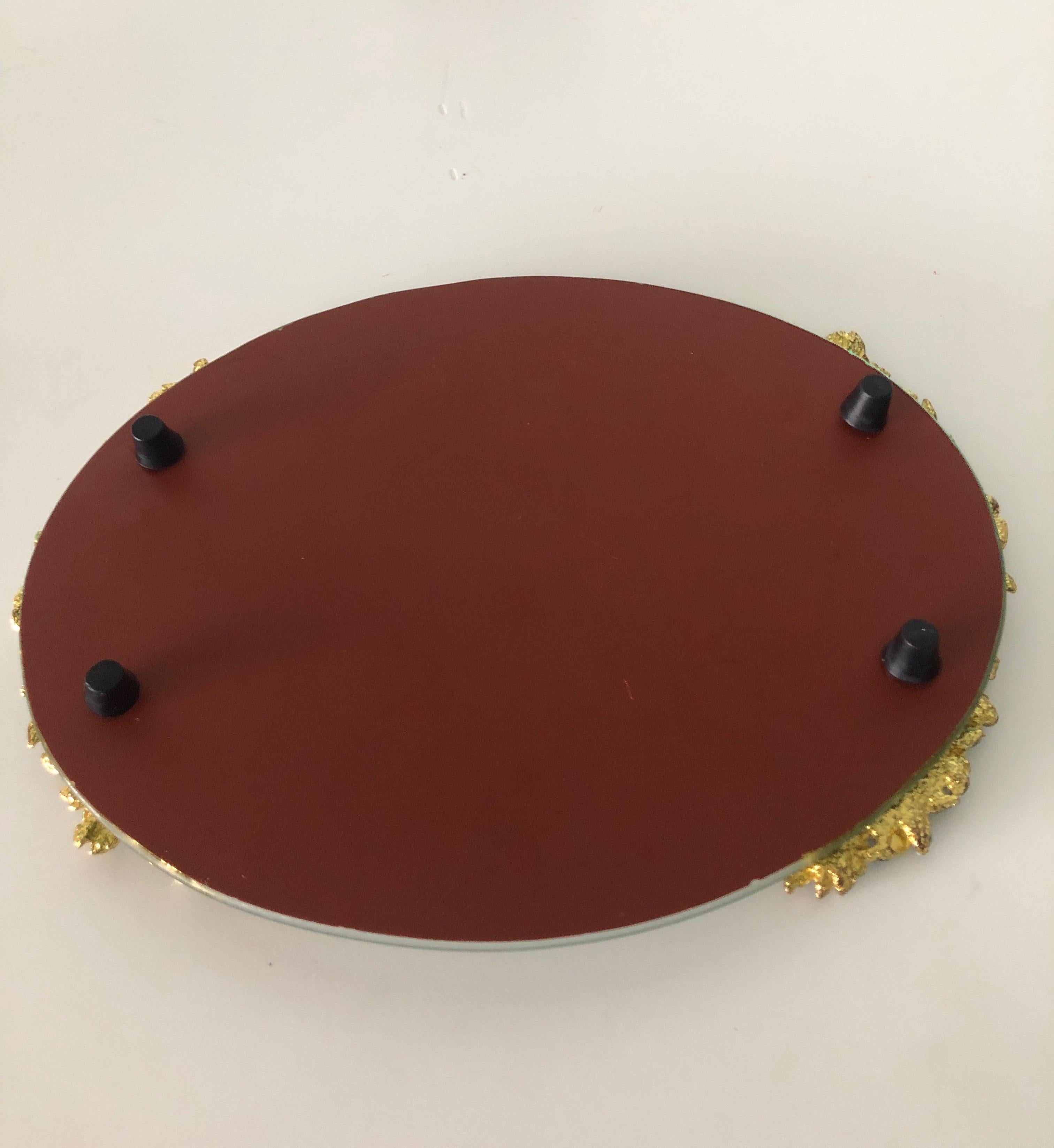 Vintage Green and Gold Oval Vanity Tray with Enamel Flowers Handles In Good Condition In Oakland Park, FL
