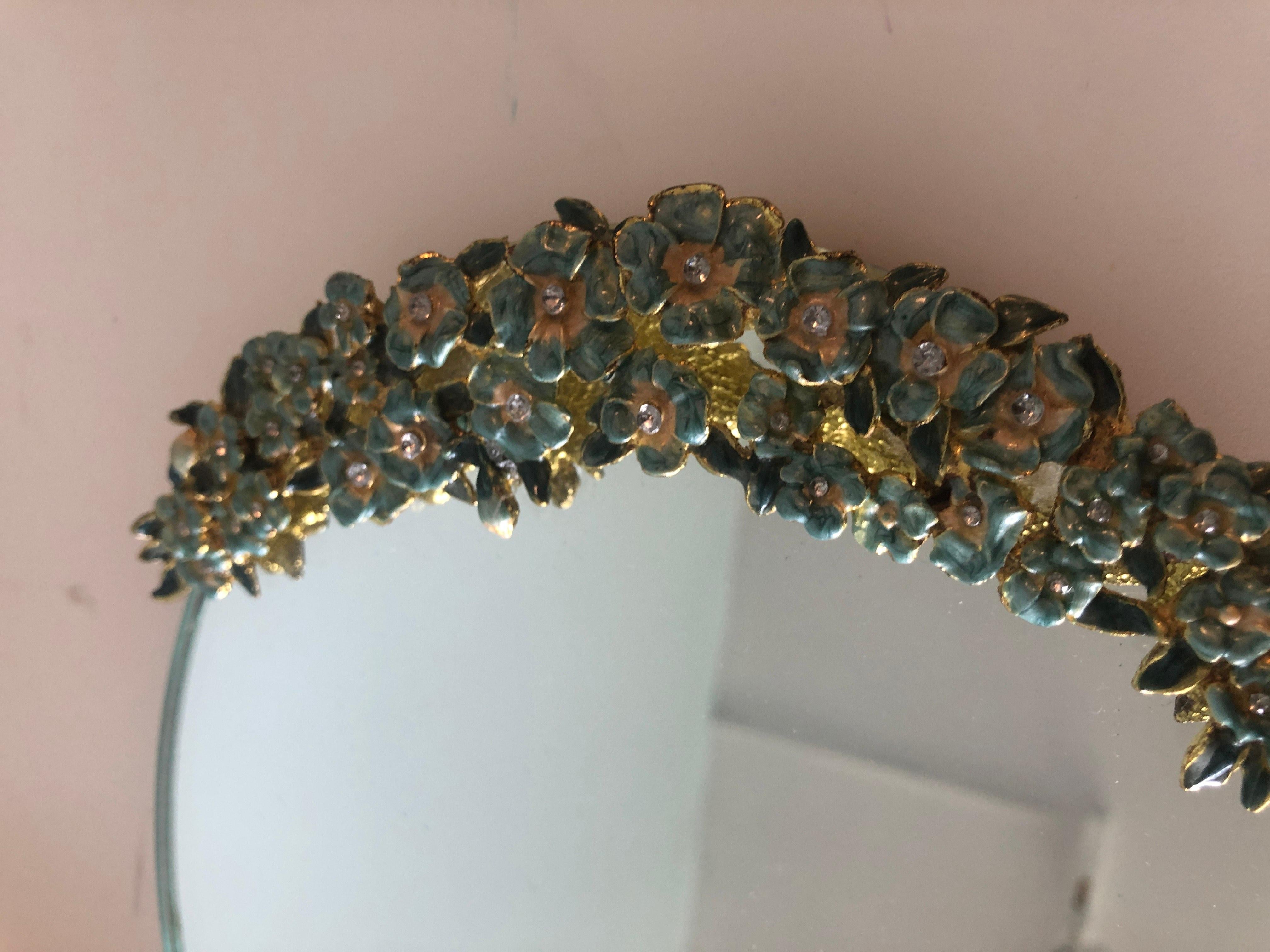 Brass Vintage Green and Gold Oval Vanity Tray with Enamel Flowers Handles