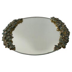 Vintage Green and Gold Oval Vanity Tray with Enamel Flowers Handles