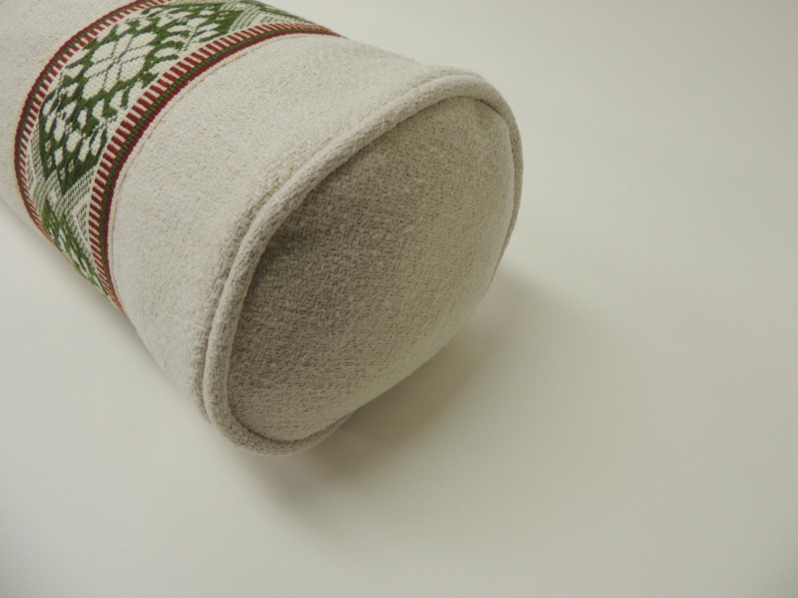 Country Vintage Green and Natural Woven Trim Decorative Round Roll Bolster Pillow