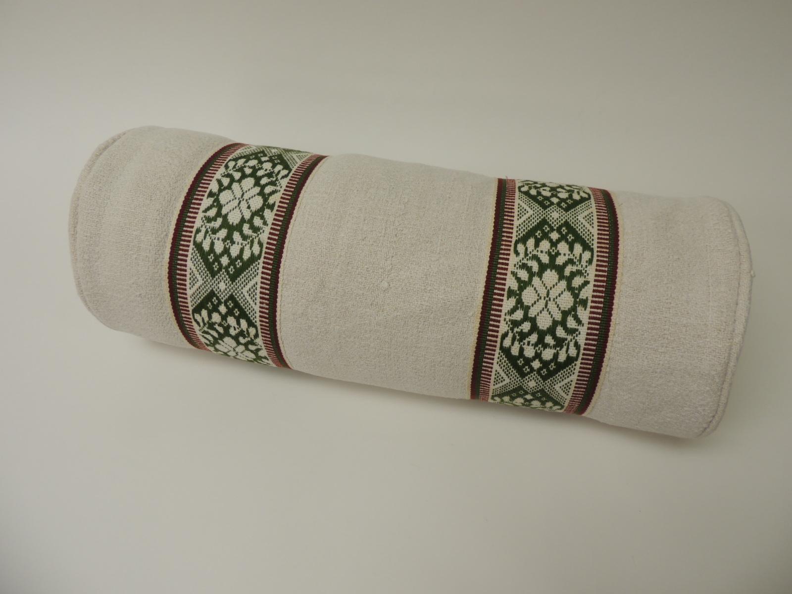 Slovenian Vintage Green and Natural Woven Trim Decorative Round Roll Bolster Pillow