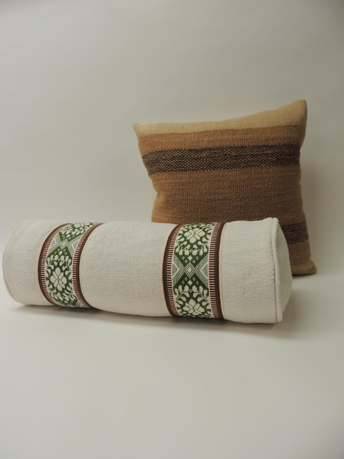 Hand-Crafted Vintage Green and Natural Woven Trim Decorative Round Roll Bolster Pillow