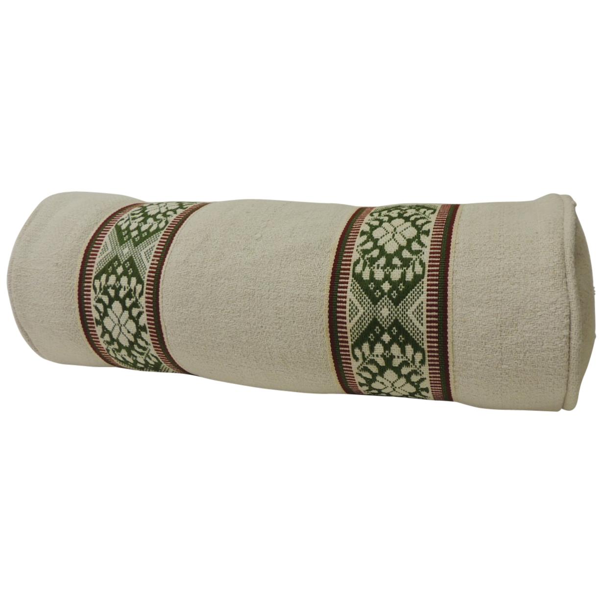 Vintage Green and Natural Woven Trim Decorative Round Roll Bolster Pillow