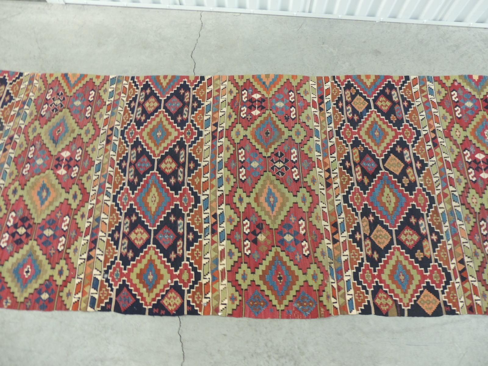 Vintage Green and Orange Long Kilim Runner with Hand Knotted Fringes In Good Condition In Oakland Park, FL