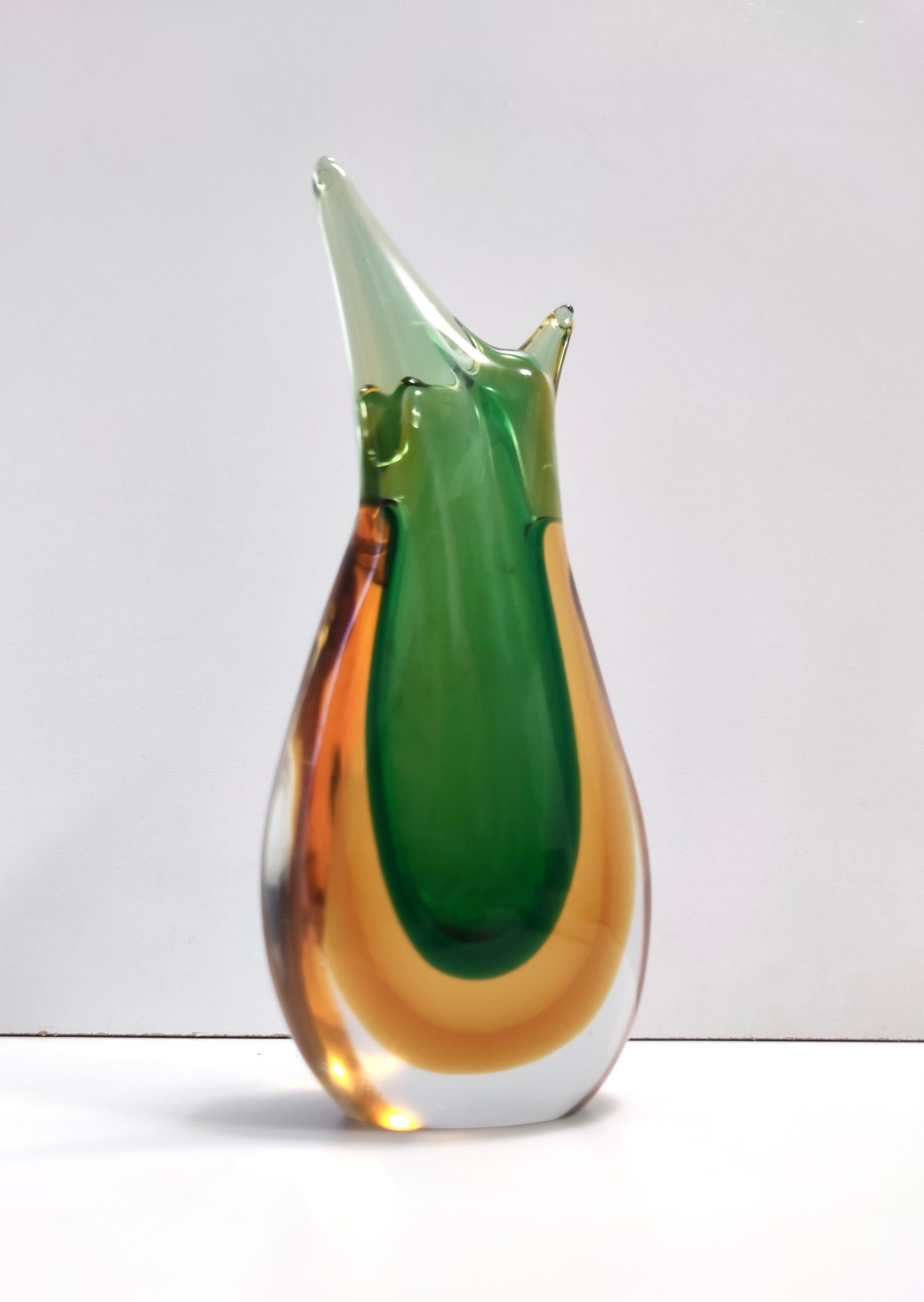 Jarrón vintage de cristal de Murano Sommerso verde y naranja de Flavio Poli, Italia Italiano en venta