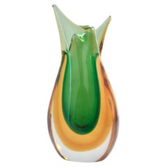 Vaso d'epoca in vetro di Murano Glass Sommerso verde e arancione di Flavio Poli, Italia