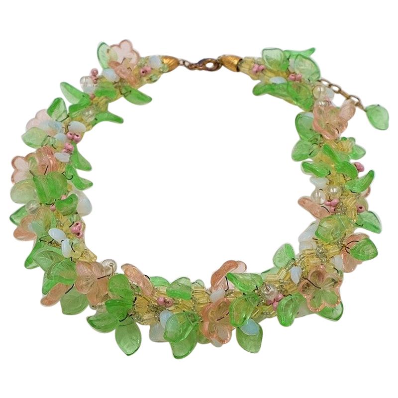 Vintage Green and Pink Glass Flowers Necklace  1940's