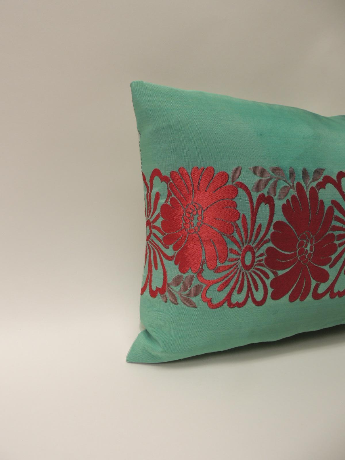 Japonisme  Vintage Green and Red Silk Woven Obi Decorative Pillow