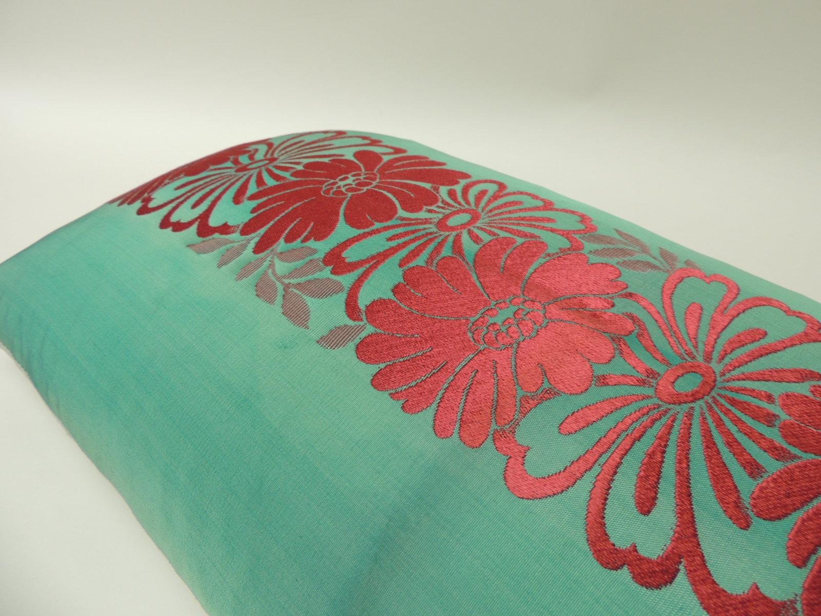 Japanese  Vintage Green and Red Silk Woven Obi Decorative Pillow