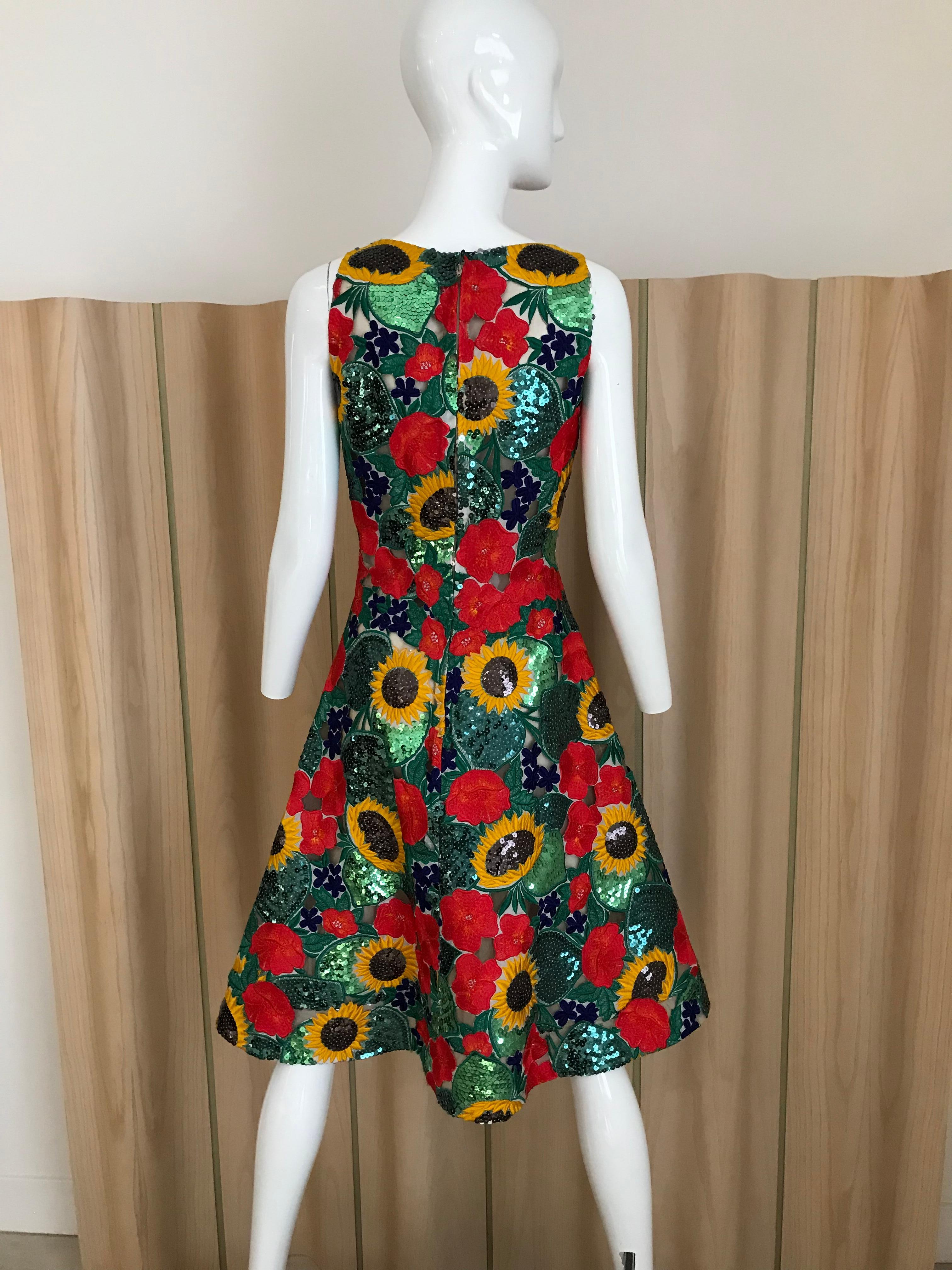 Black Green and Red Sunflower Sequin couture sleeveless Cocktail dress For Sale