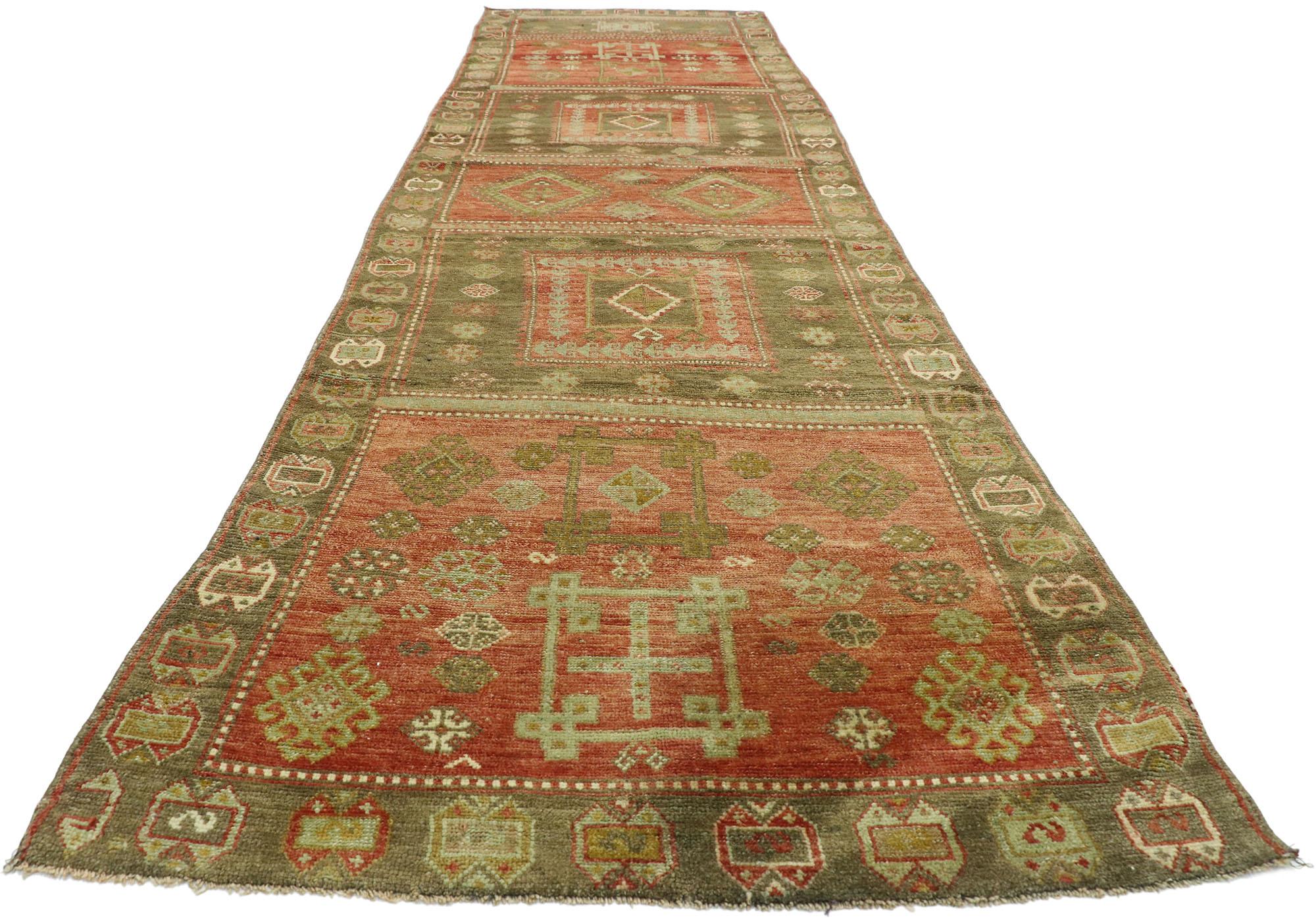 Alfombra Turca Oushak Vintage Verde y Roja, 03'07 X 14'06 Turco en venta