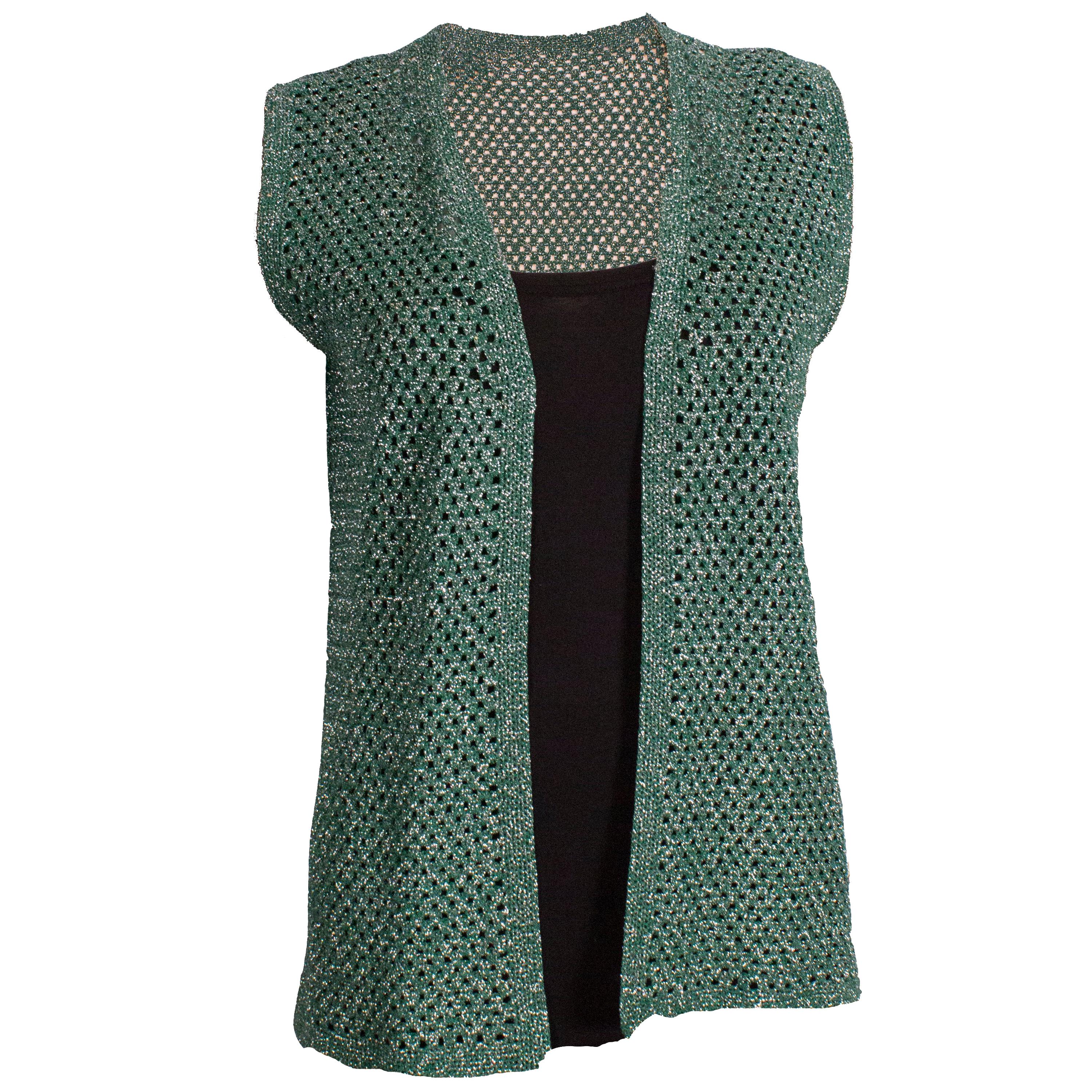  Vintage Green and Silver Crochet Gilet For Sale