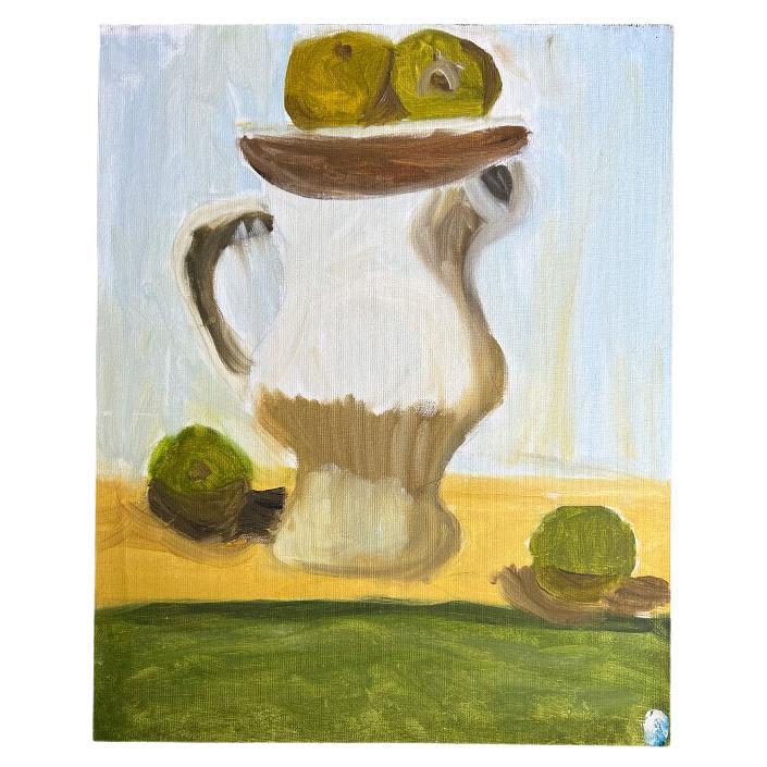 Pittura espressionista d'epoca su tela in verde e giallo - non firmata