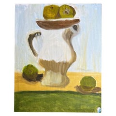 Vintage Green and Yellow Expressionist Still Life Painting on Canvas - Unsigned