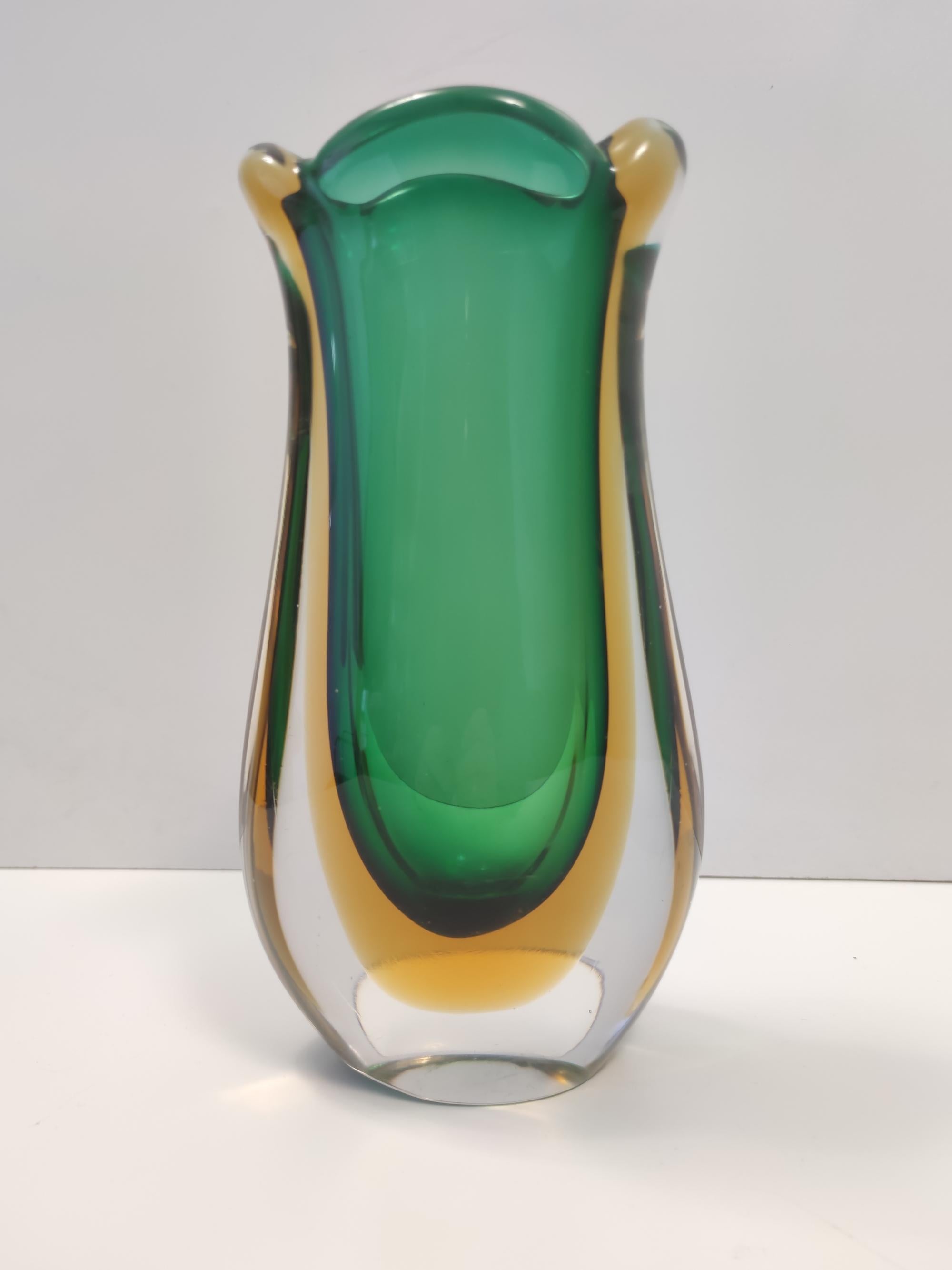 Mid-20th Century Vintage Green and Yellow  Sommerso Murano Glass Vase attr. to Flavio Poli, Italy For Sale