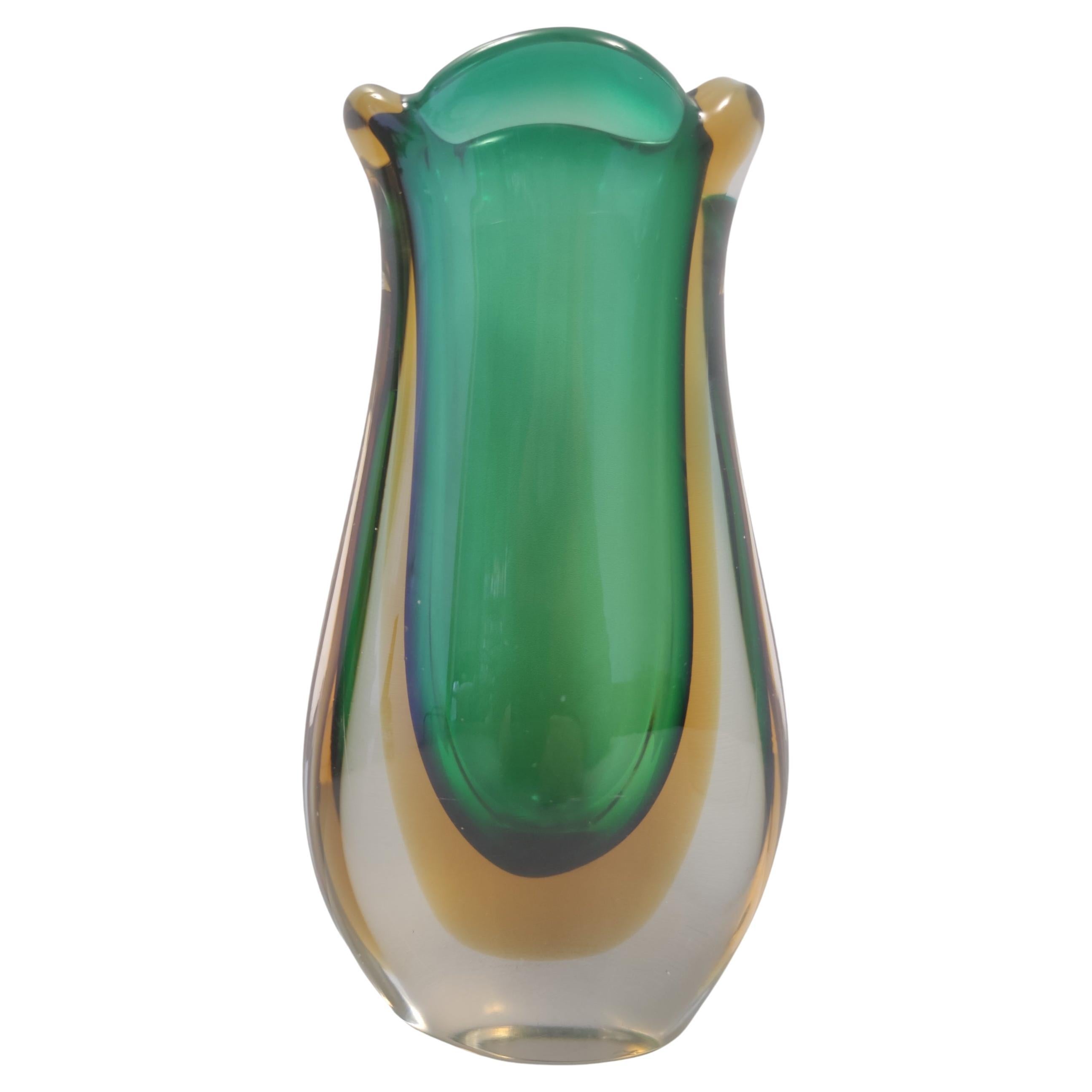 Vintage Green and Yellow  Sommerso Murano Glass Vase attr. to Flavio Poli, Italy For Sale