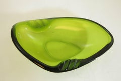 Vintage Green Art Glass Teardrop Boomerang Shape Ashtray 1960s