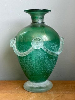 Vintage Green Art Glass Vase with Relief Faces