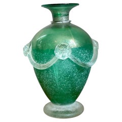 Vintage Green Art Glass Vase with Relief Faces