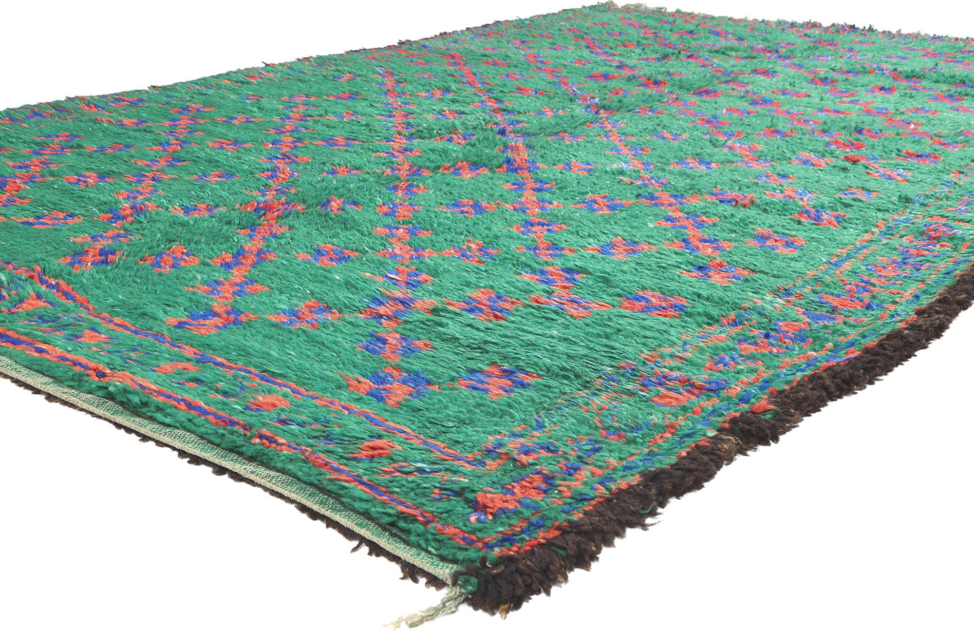 21216 Vintage Green Beni MGuild Moroccan Rug, 06'00 x 10'02. Woven with the enchanting expertise of Berber women from the Ait M'Guild tribe in the mystical Atlas Mountains of Morocco, Beni Mguild rugs stand as revered artifacts, embodying masterful
