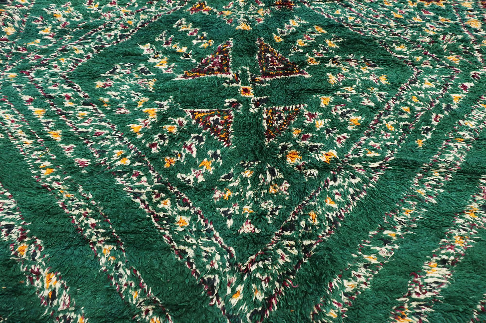 Hand-Knotted Vintage Green Beni M'Guild Moroccan Rug, Boho Chic Meets Tribal Enchantment For Sale