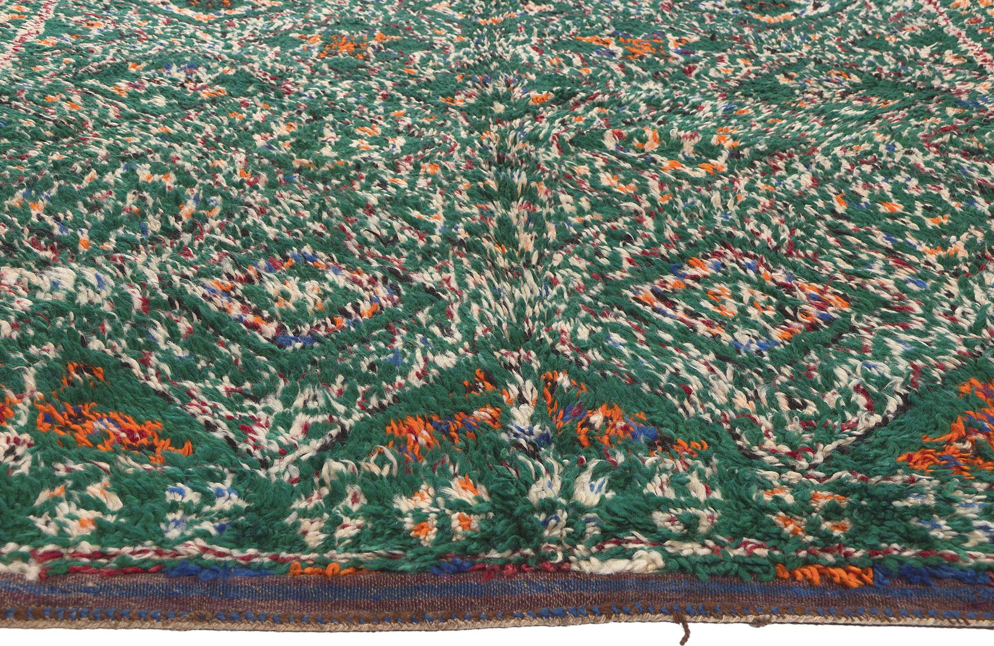 Vintage Green Beni MGuild Moroccan Rug, Cozy Nomad Meets Tribal Enchantment In Good Condition For Sale In Dallas, TX