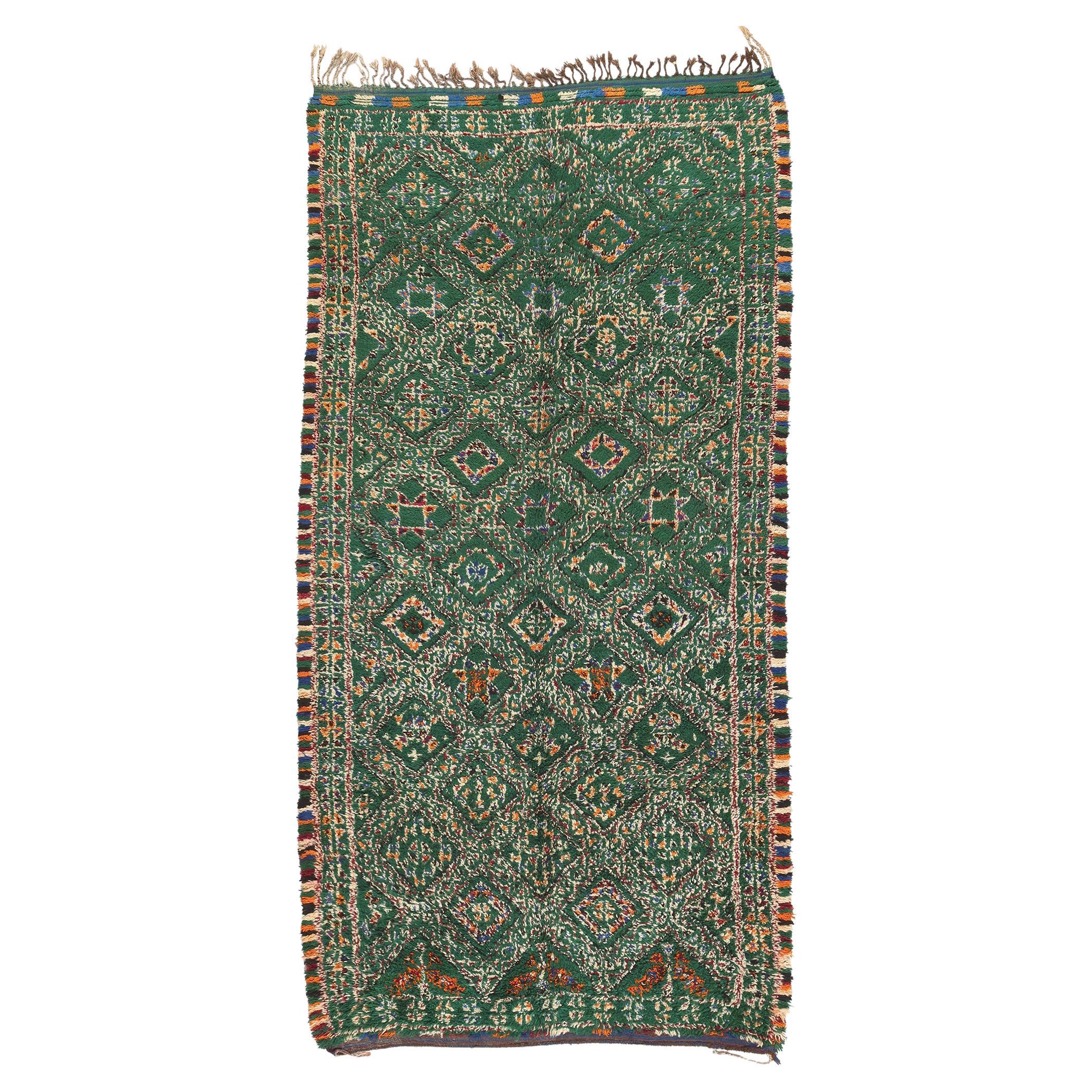 Vintage Green Beni MGuild Moroccan Rug, Cozy Nomad Meets Tribal Enchantment For Sale
