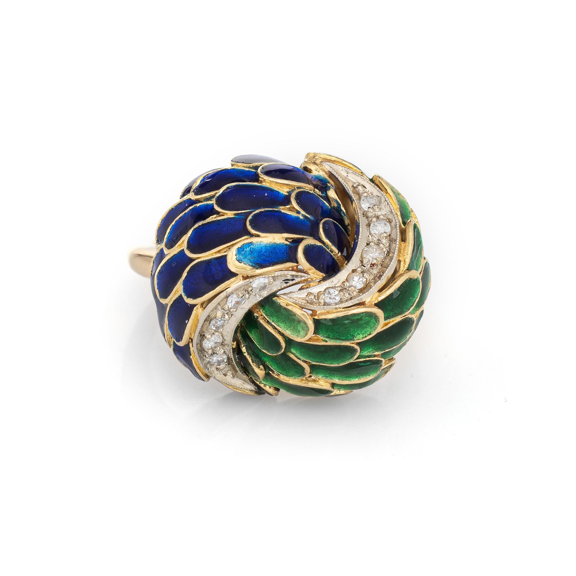 Stylish vintage enamel diamond cocktail ring (circa 1950s to 1960s) crafted in 18 karat yellow gold. 

Diamonds total an estimated 0.08 carats (estimated at H-I color and SI1-I1 clarity). Note: slight loss to the enamel.  

The beautifully crafted