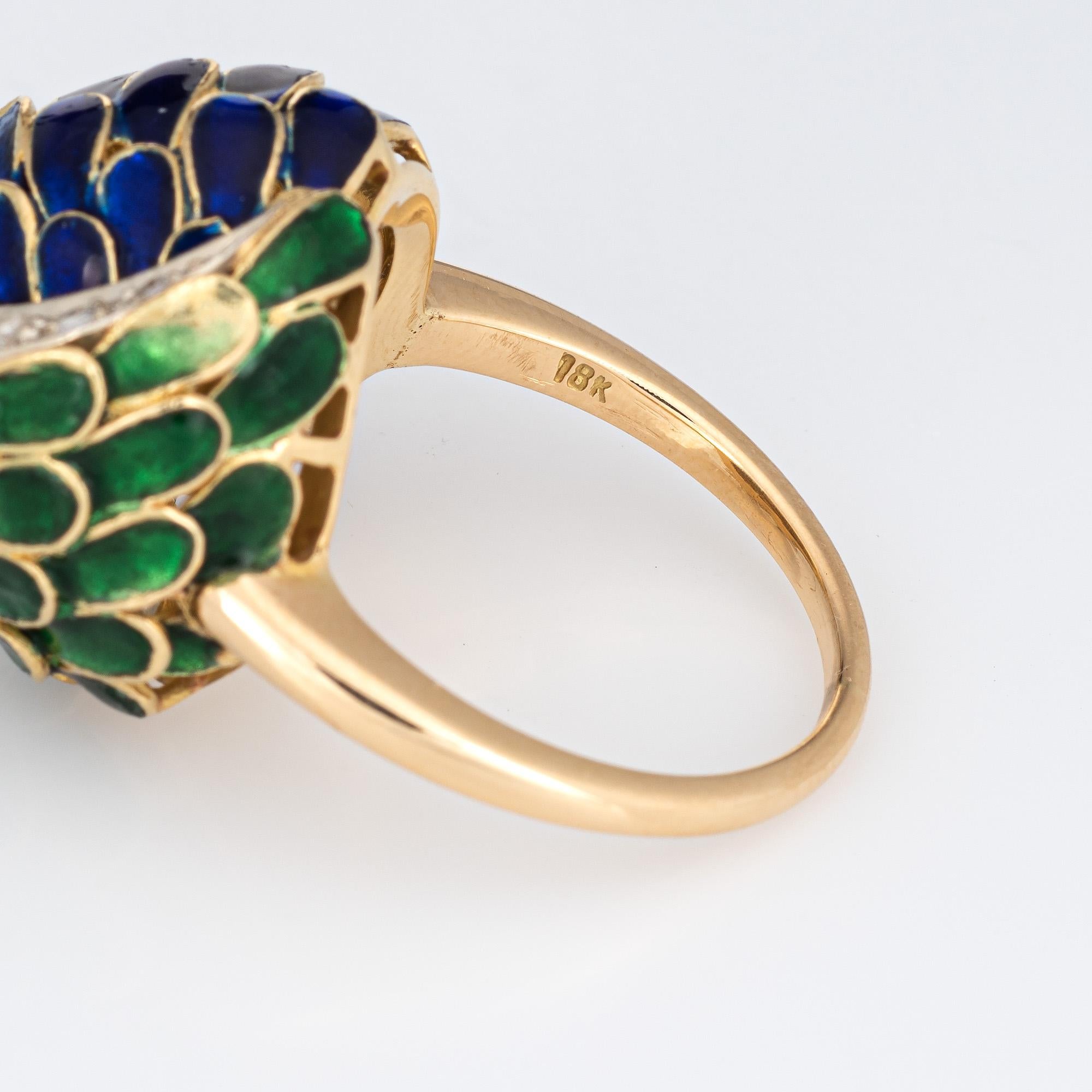 Round Cut Vintage Green Blue Enamel Diamond Ring 18k Yellow Gold Feathers Infinity Knot