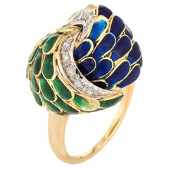 Vintage Green Blue Enamel Diamond Ring 18k Yellow Gold Feathers Infinity Knot