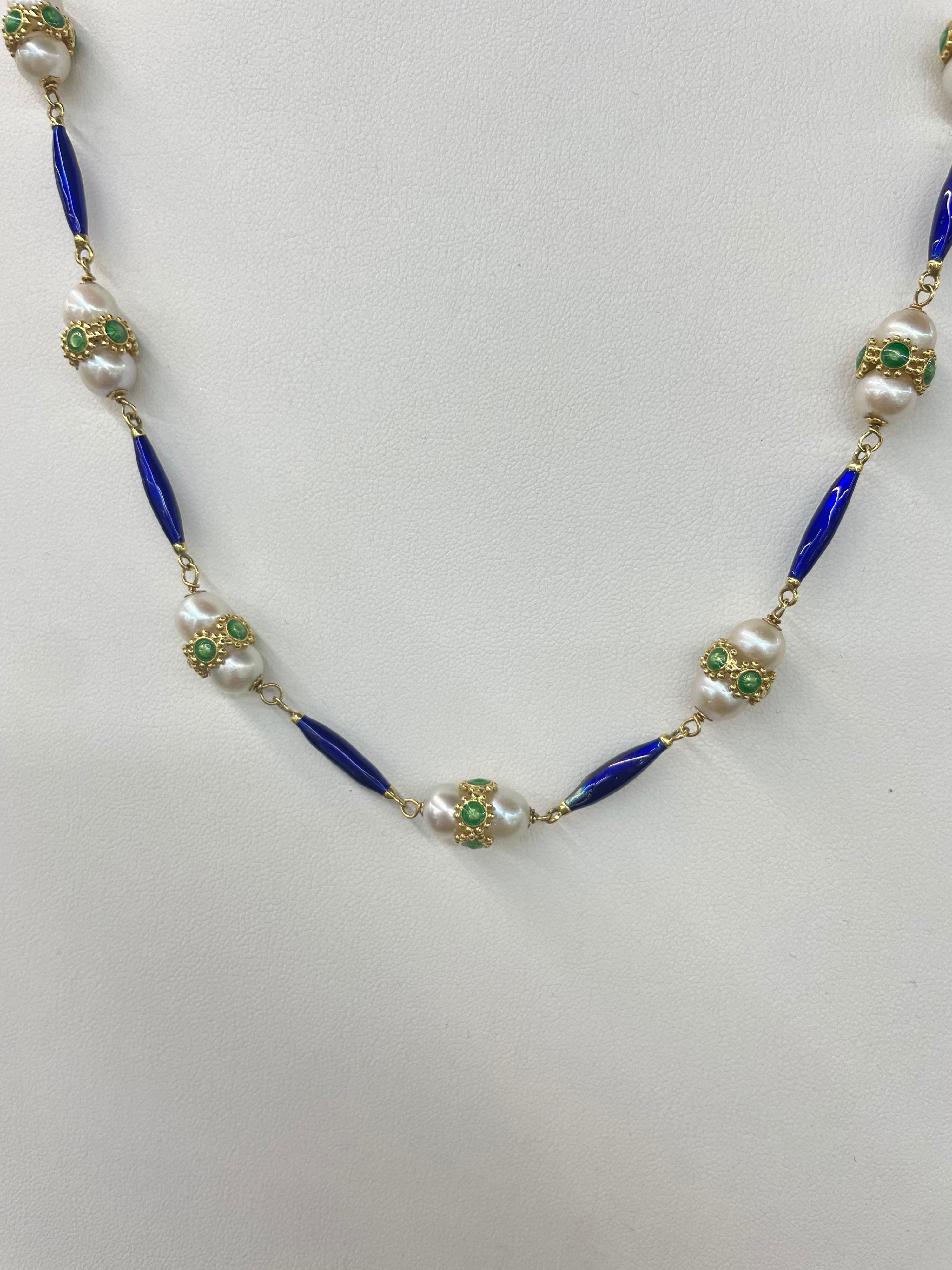 18 Karat Yellow Gold necklace featuring 16 sections of Japanese Culture Pearls with decorative links of blue and green enamel floral gold motifs. 