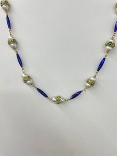 Vintage Green & Blue Enamel Pearl Necklace 18 Karat Yellow Gold