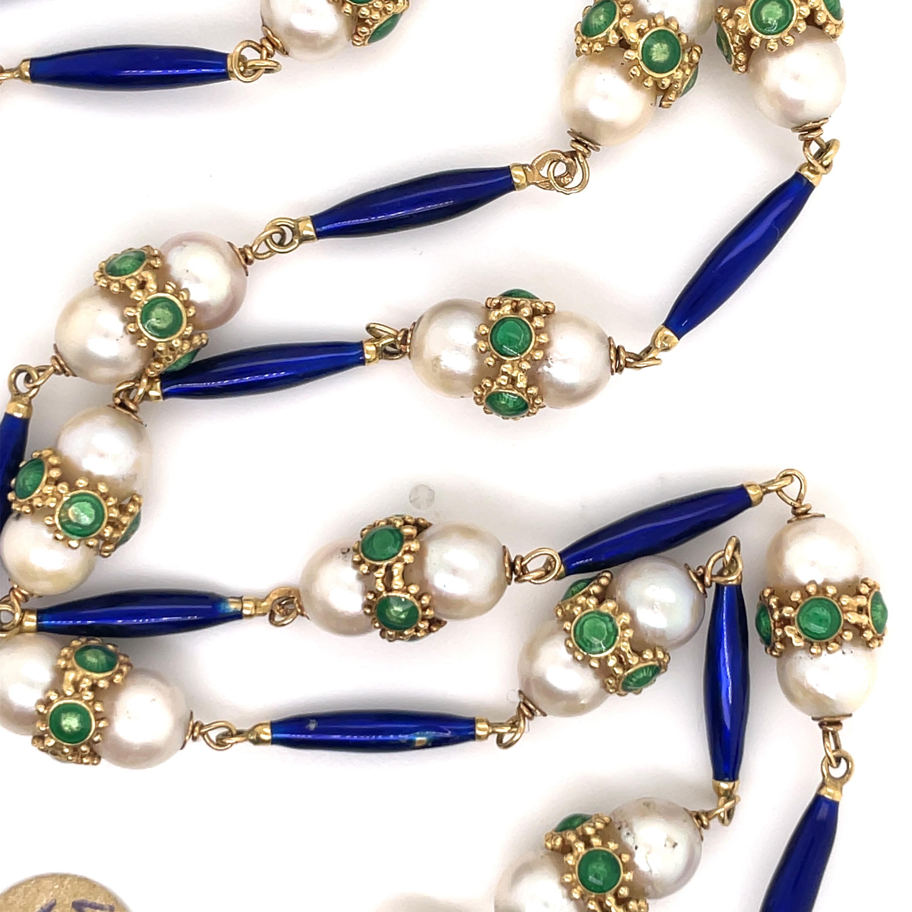 Contemporary Vintage Green & Blue Enamel Pearl Necklace 18 Karat Yellow Gold For Sale