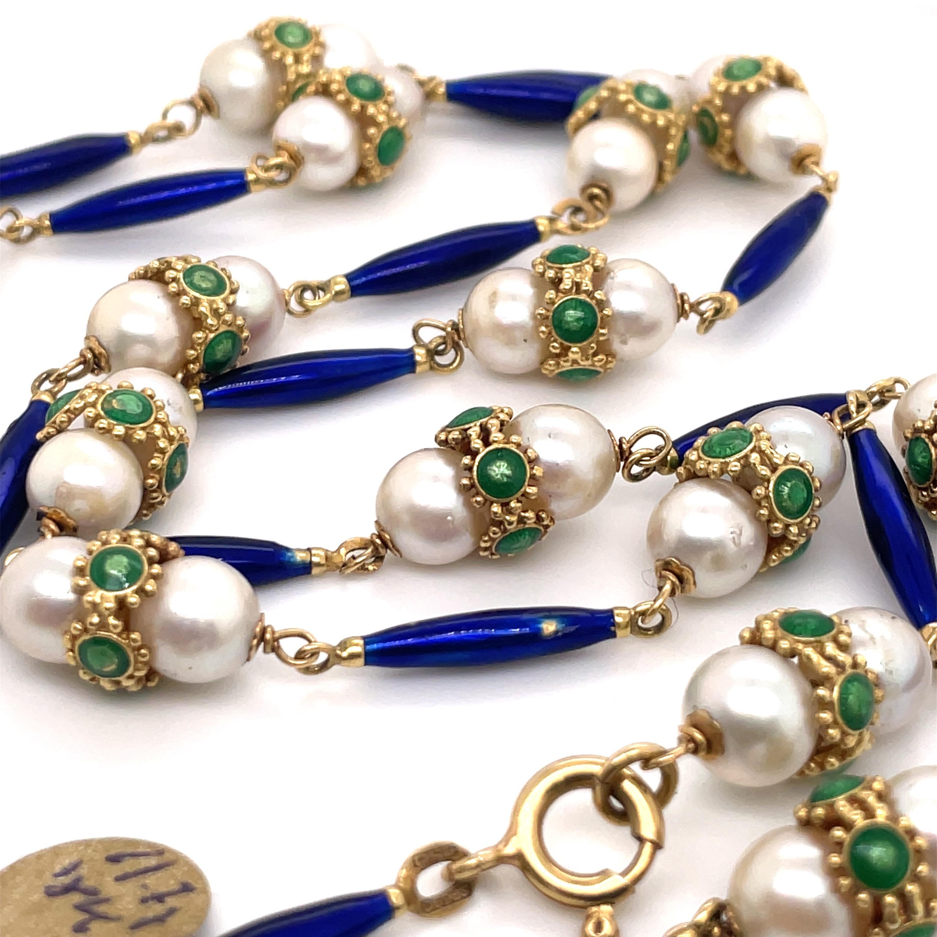 Vintage Green & Blue Enamel Pearl Necklace 18 Karat Yellow Gold In Good Condition For Sale In New York, NY