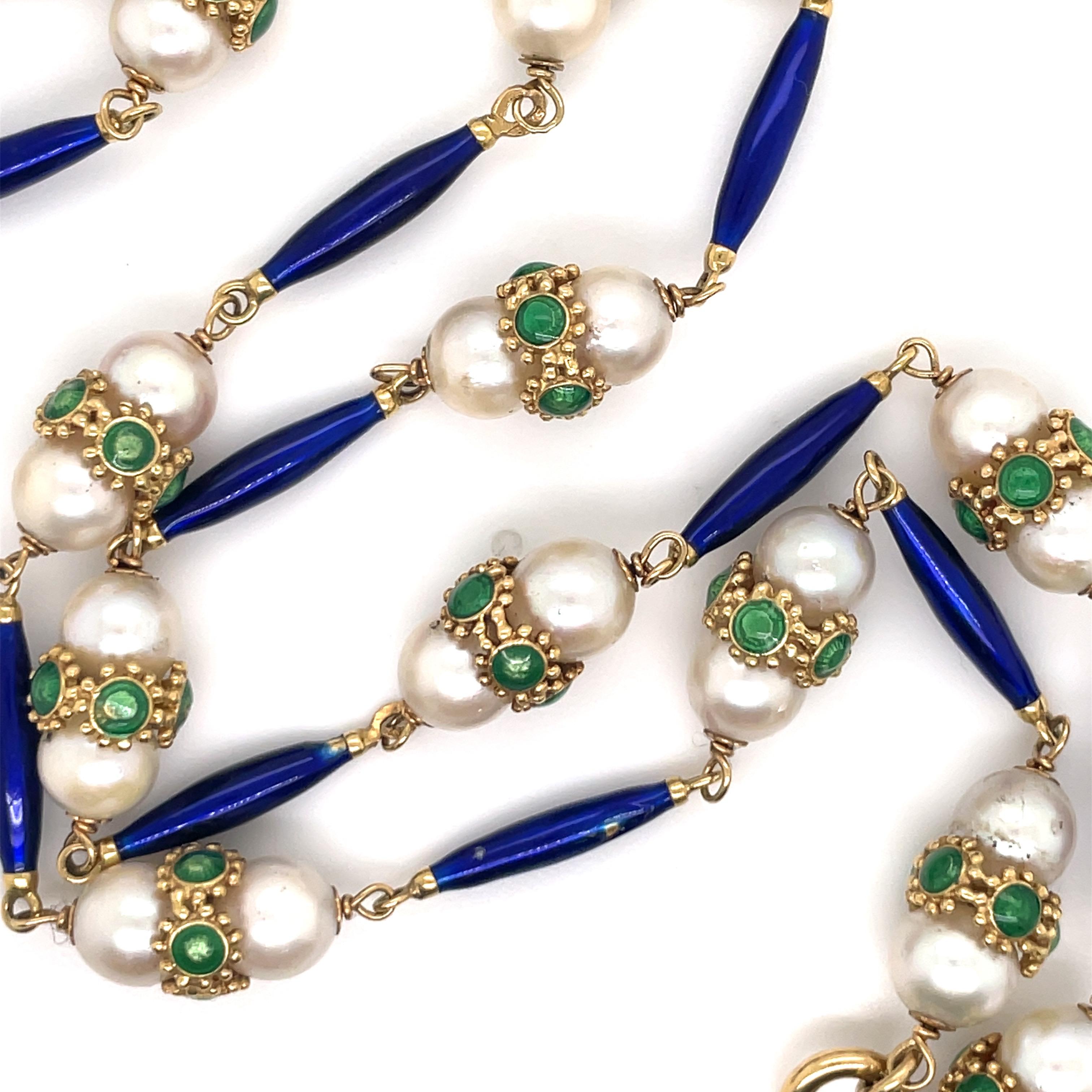 Women's Vintage Green & Blue Enamel Pearl Necklace 18 Karat Yellow Gold For Sale