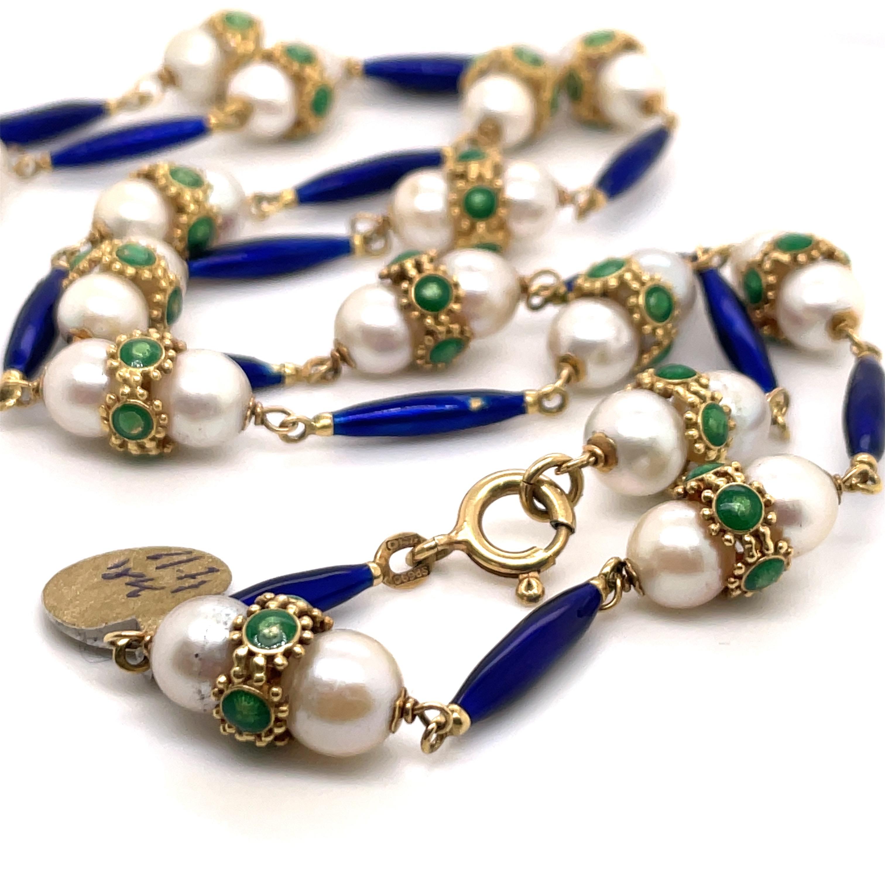 Vintage Green & Blue Enamel Pearl Necklace 18 Karat Yellow Gold For Sale 1
